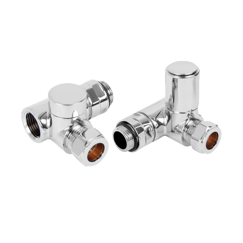 Two chrome dual fuel radiator valves on a white background.