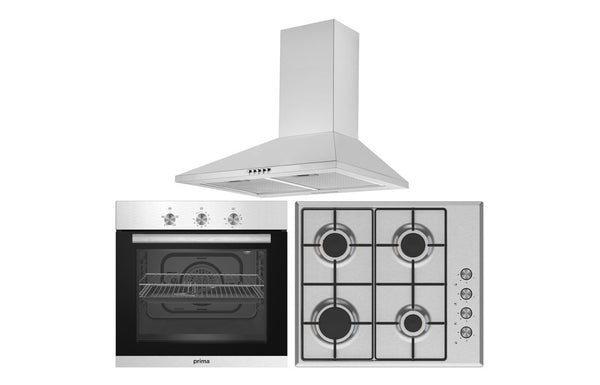 Prima Oven Gas Hob & Chimney Hood Pack - Stainless Steel
Kitchen appliance set with oven, gas hob, and hood on a white background
