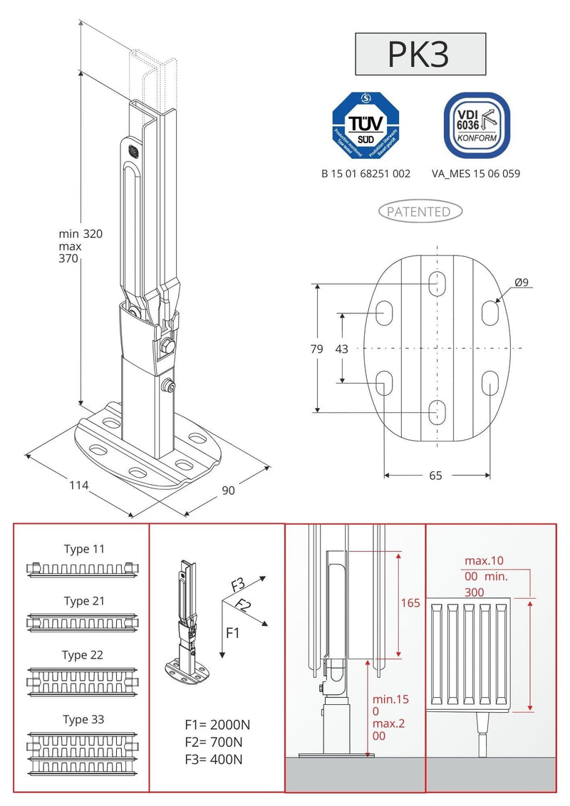 Ultraheat PK3 Universal Floor Bracket - Short Adjustable 150-200mm