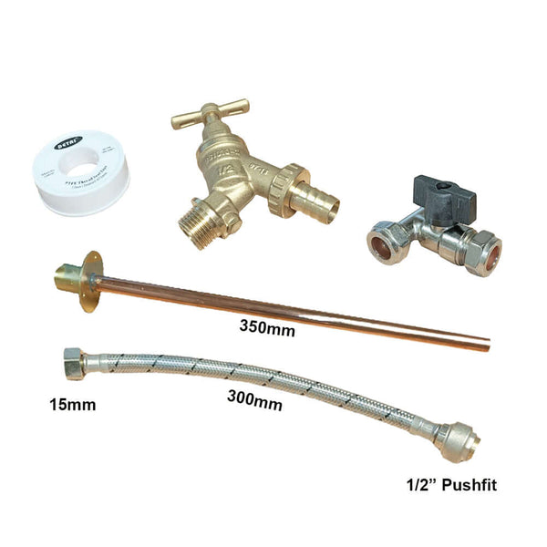 Professional Thru Wall Outside Garden Tap Kit 9 - Inc Double Check Tap, Iso Tee, 15x1/2" 300mm Pushfit Flexi.