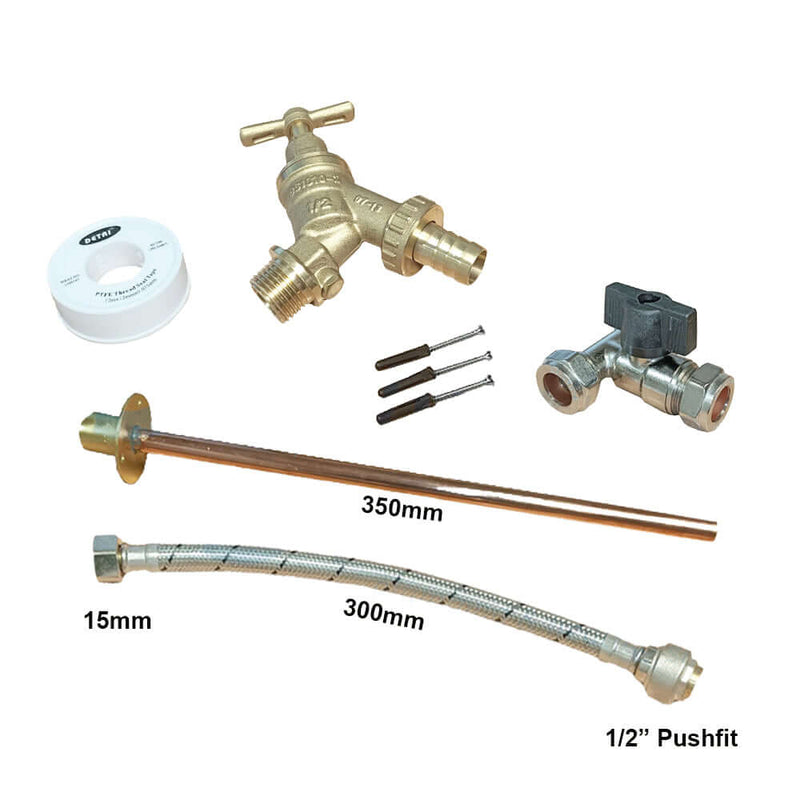 Professional Thru Wall Outside Garden Tap Kit 8 - Inc Double Check Tap, Iso Tee, 15x1/2" 300mm Pushfit Flexi, Fixings.